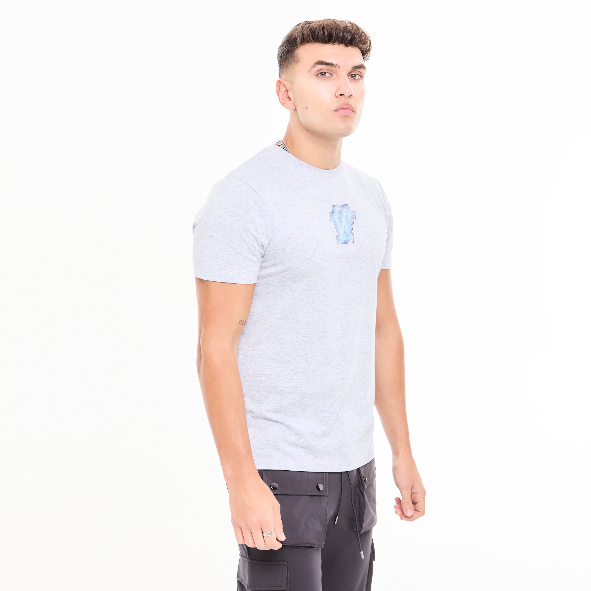 Zephyr Peak Mens T-Shirt | Grey Marl with Blue Trims