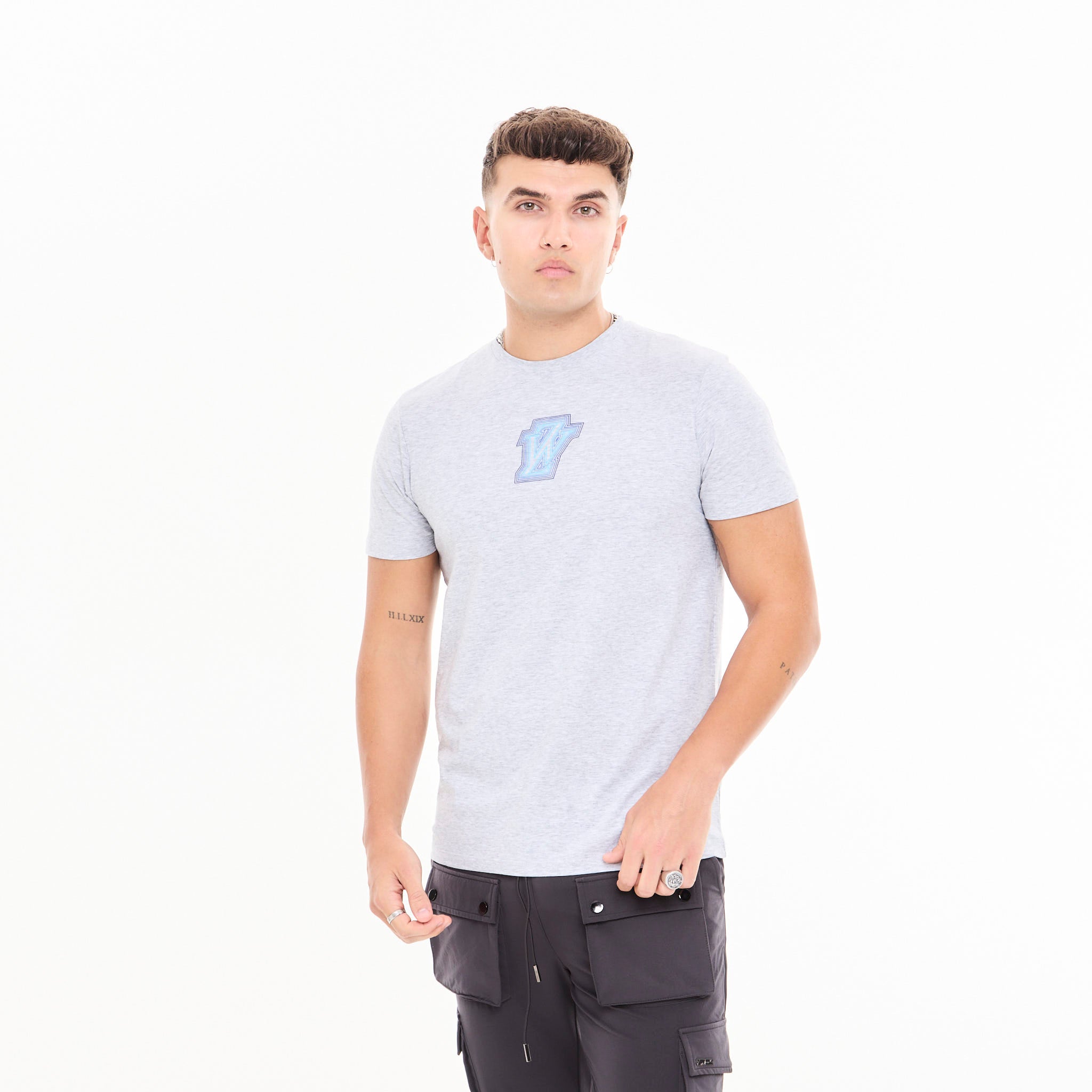 Zephyr Peak Mens T-Shirt | Grey Marl with Blue Trims