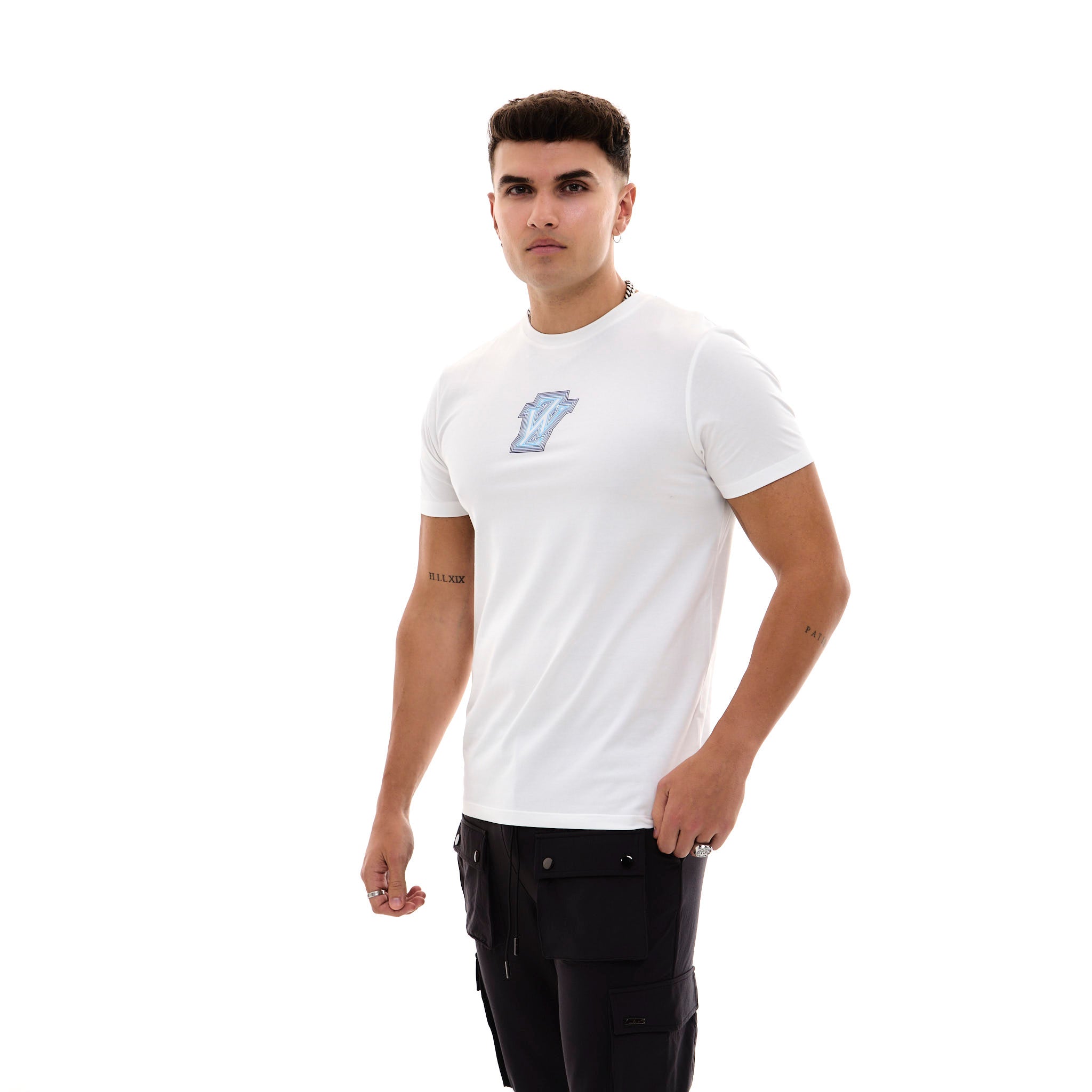Zephyr Peak Mens T-Shirt | White with Blue Trims