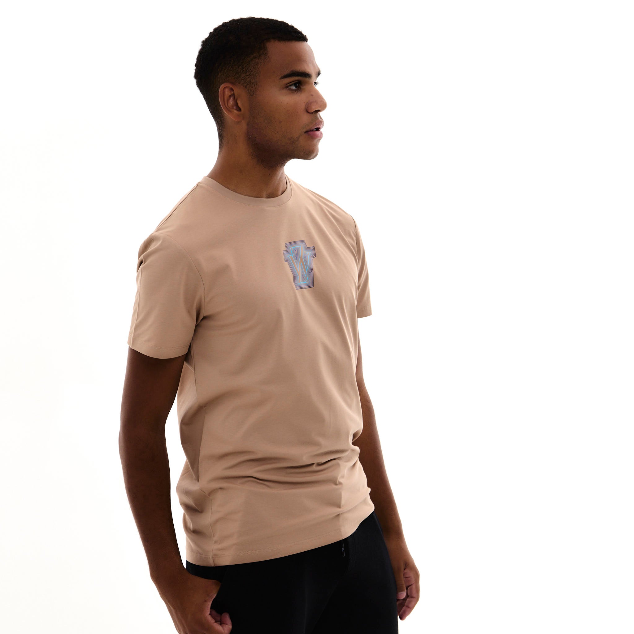 Zephyr Peak Mens T-Shirt | Caramel Brown with Blue Trims