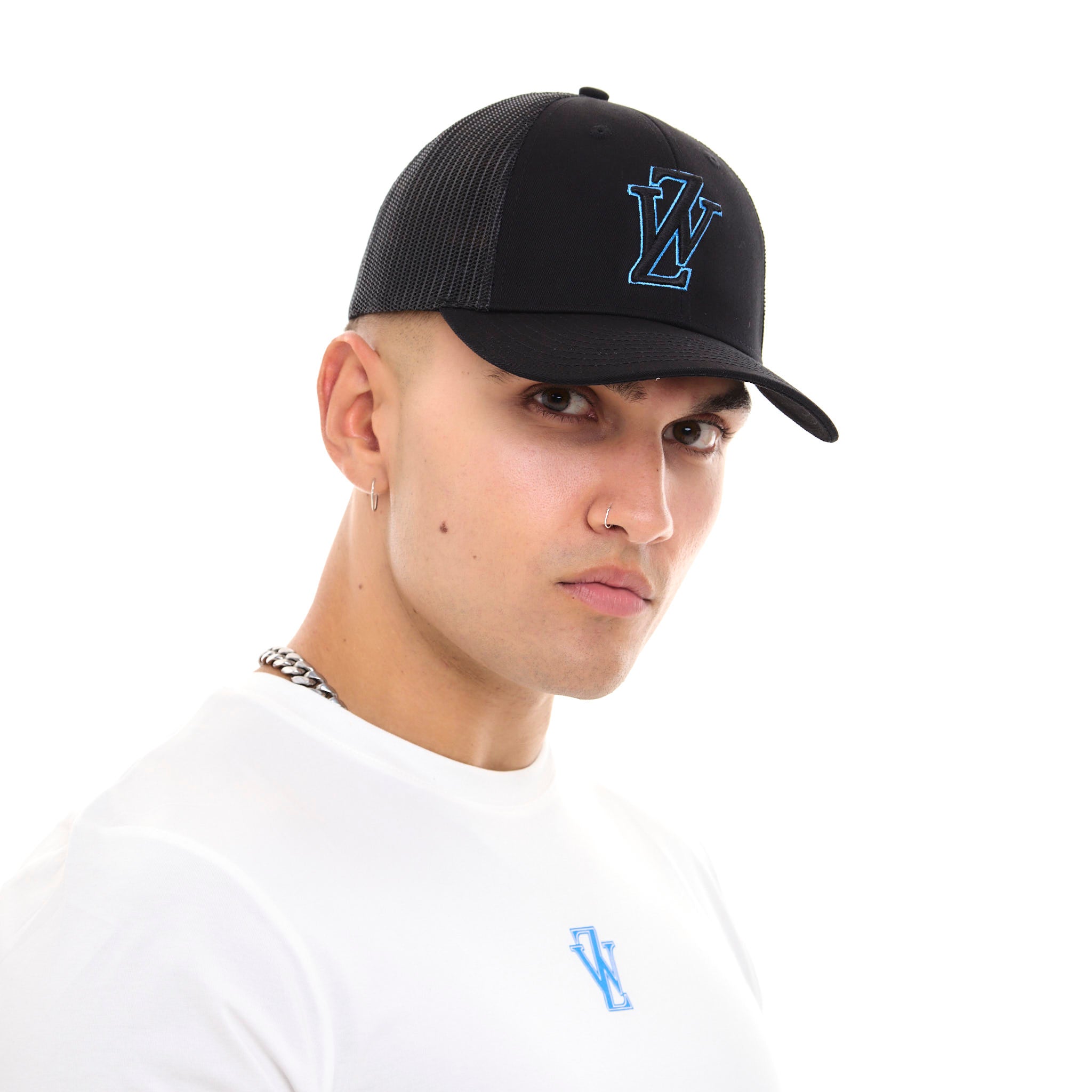 Zephyr World Trucker Cap | Black with Blue Trims