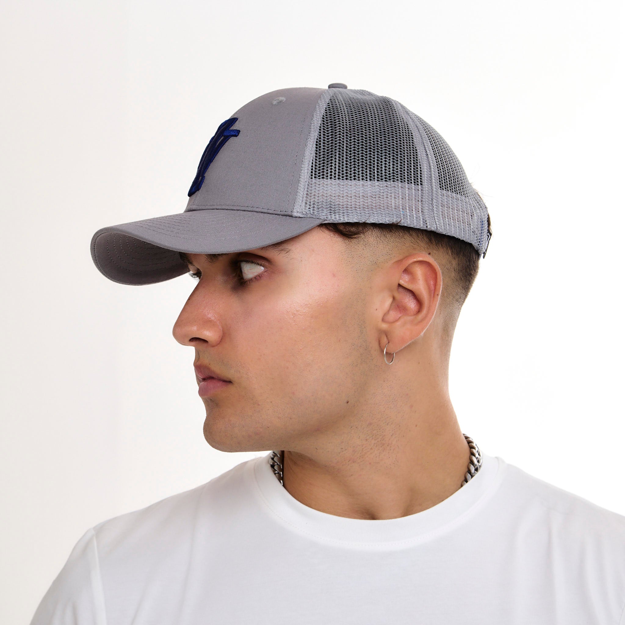 Zephyr World Trucker Cap | Grey with Blue Trims