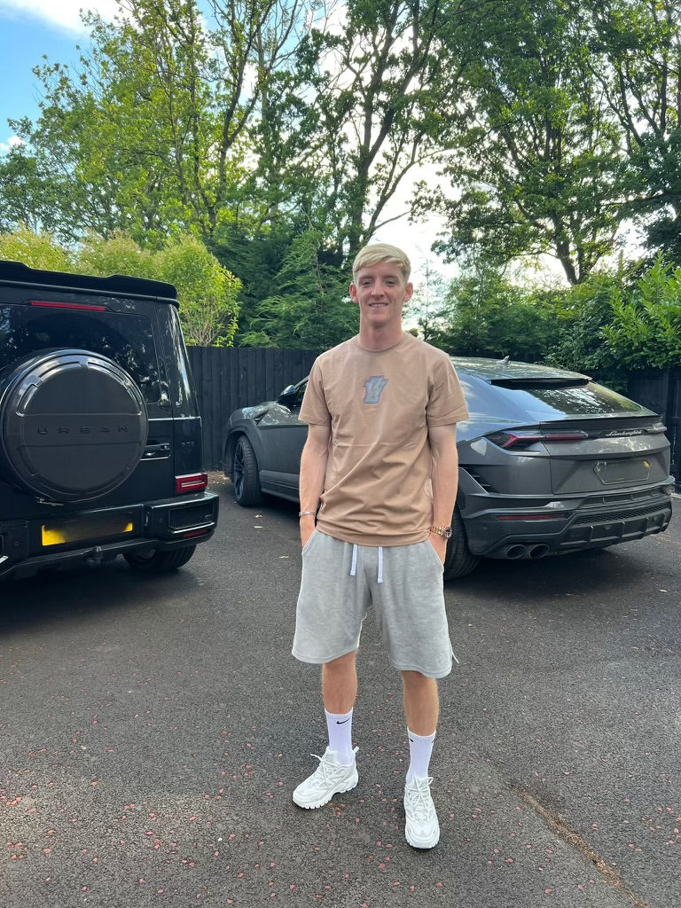 Zephyr Peak Mens T-Shirt | Caramel Brown with Blue Trims