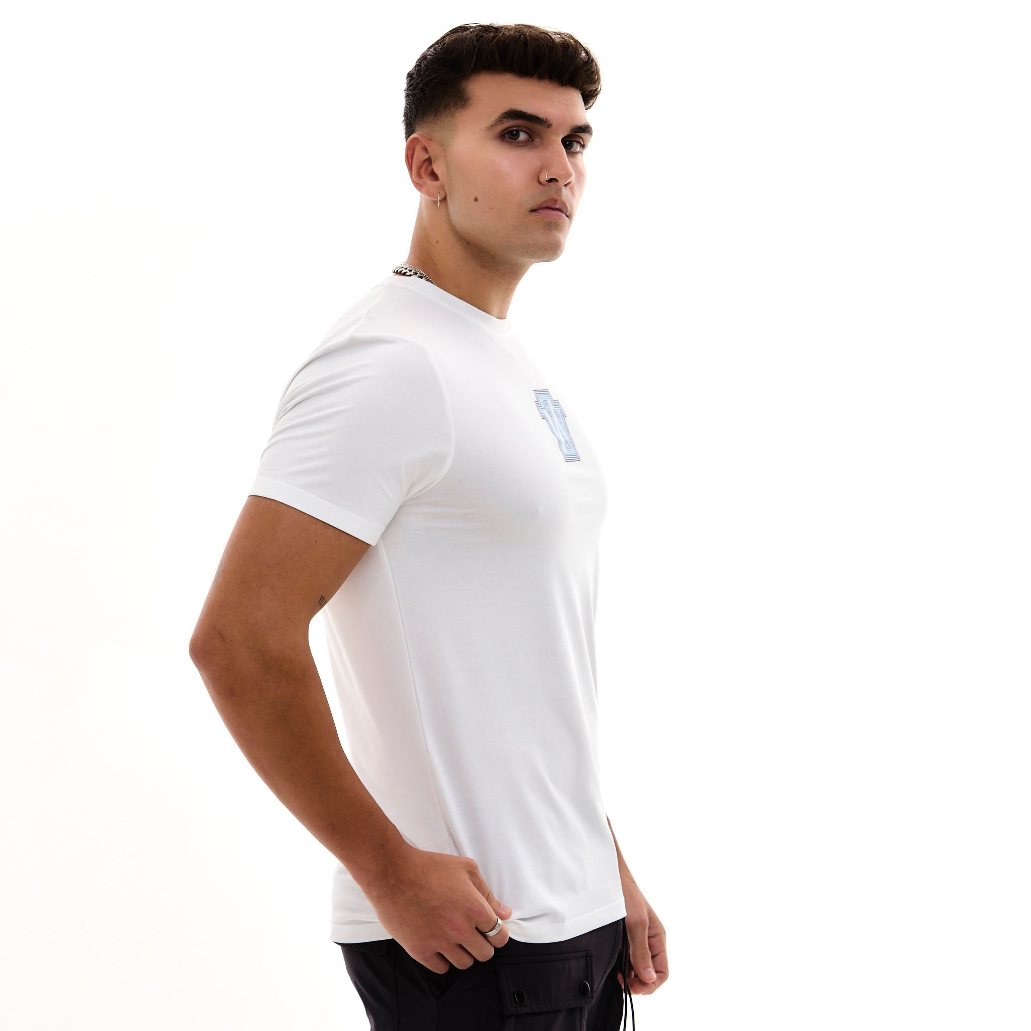 Zephyr Peak Mens T-Shirt | White with Blue Trims