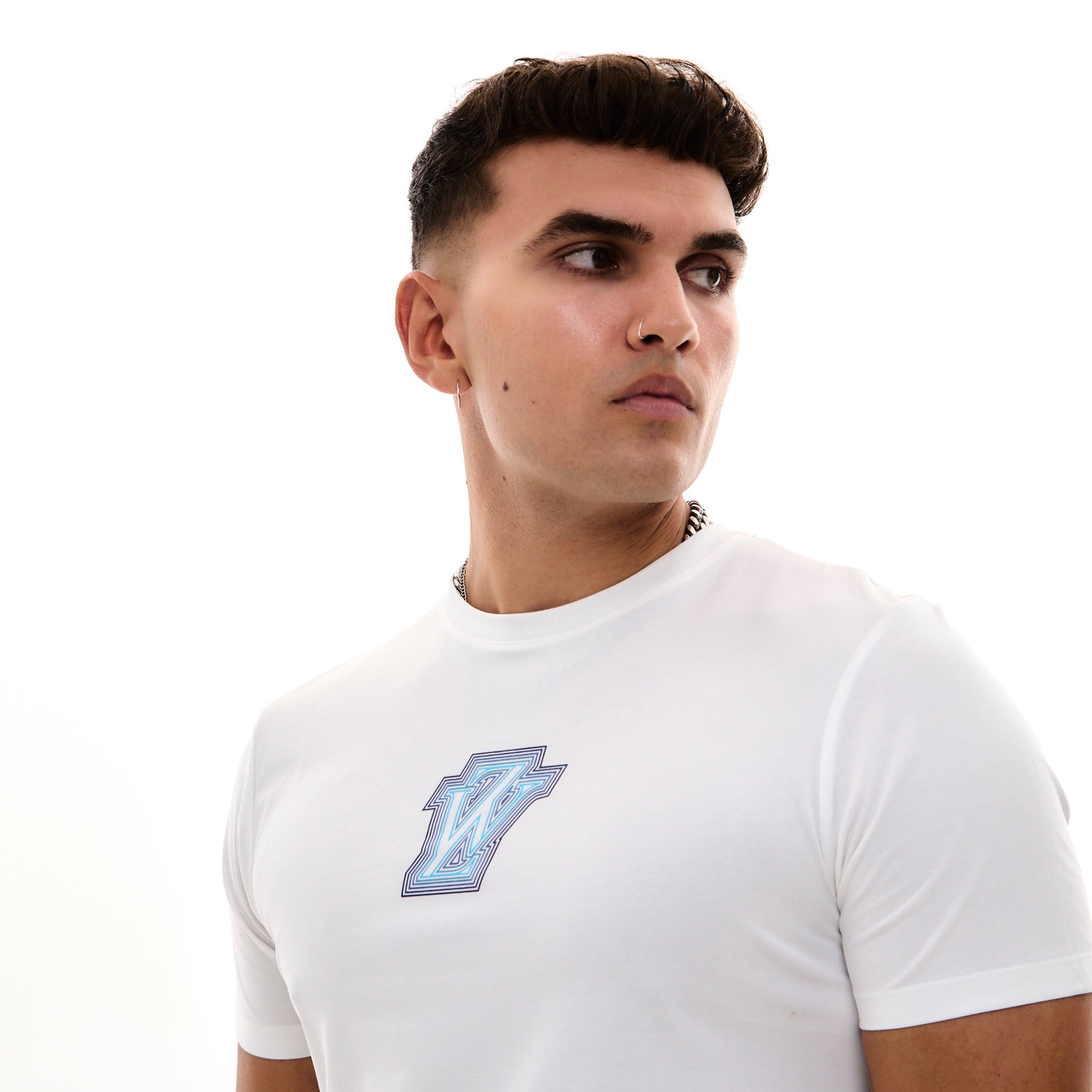 Zephyr Peak Mens T-Shirt | White with Blue Trims