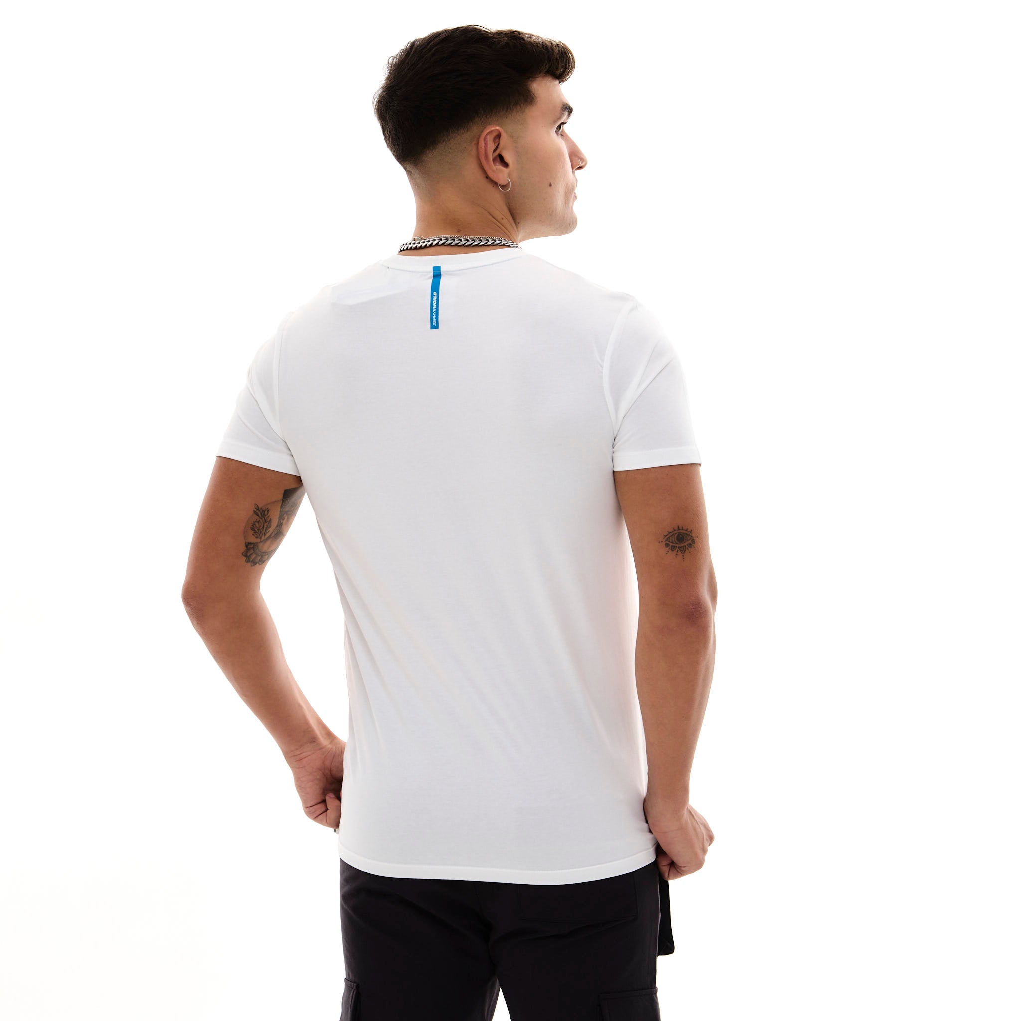 Zephyr Peak Mens T-Shirt | White with Blue Trims