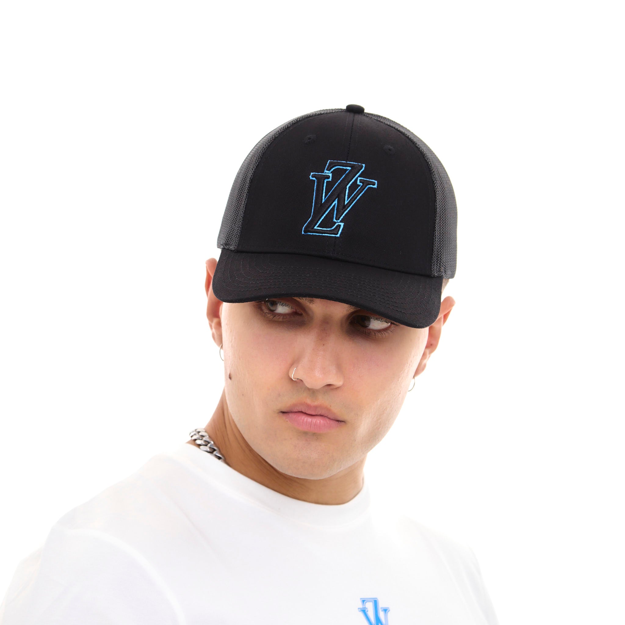 Zephyr World Trucker Cap | Black with Blue Trims