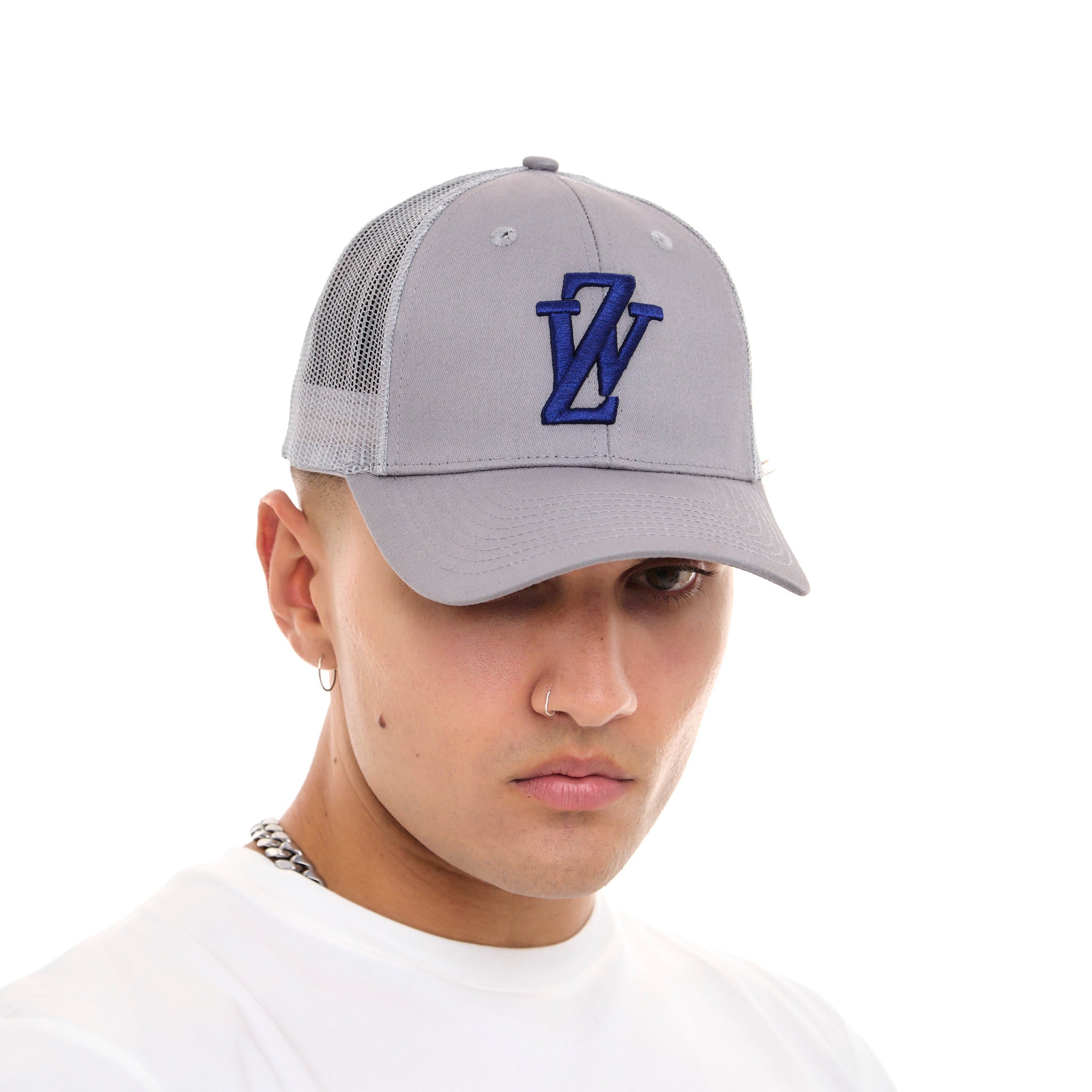 Zephyr World Trucker Cap | Grey with Blue Trims