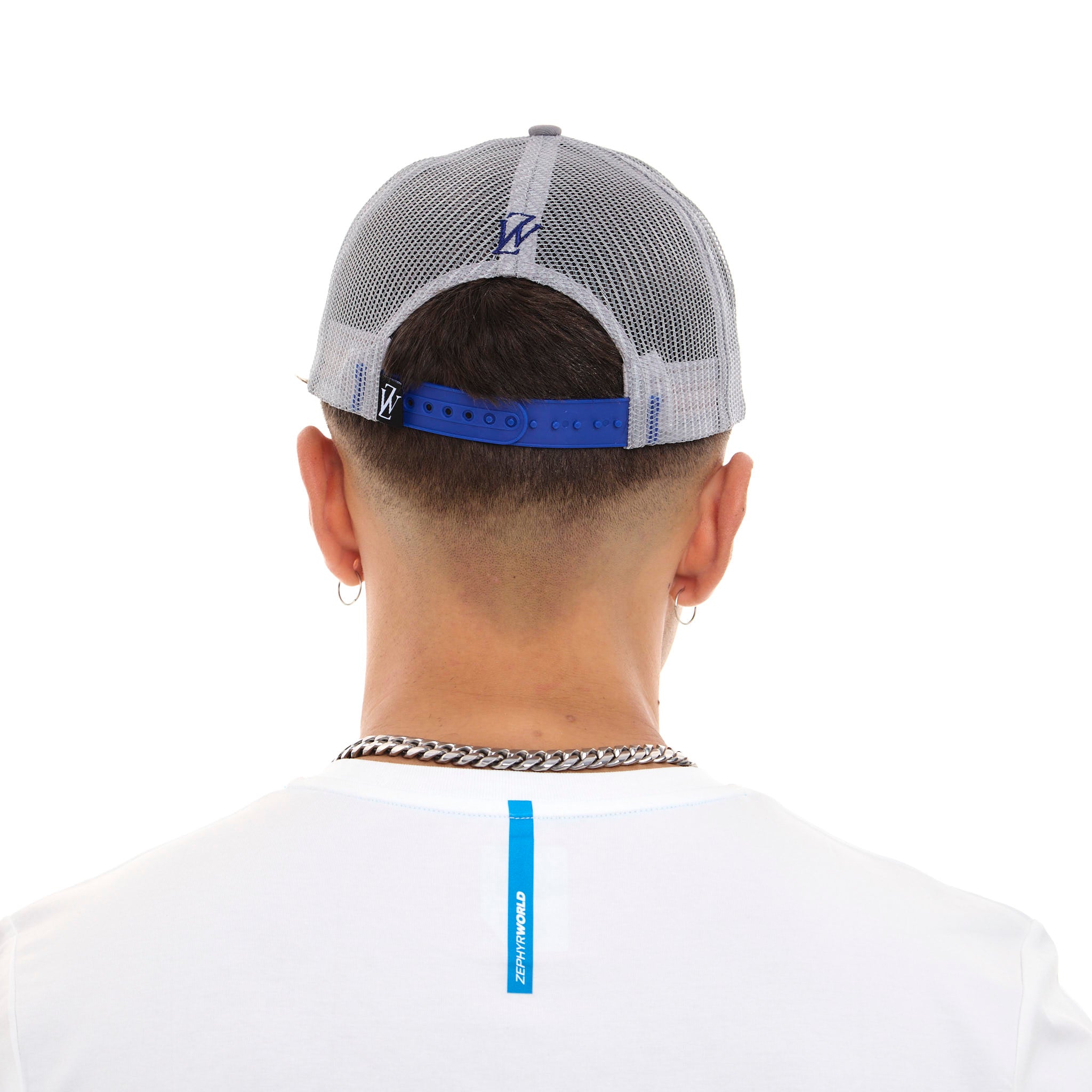 Zephyr World Trucker Cap | Grey with Blue Trims